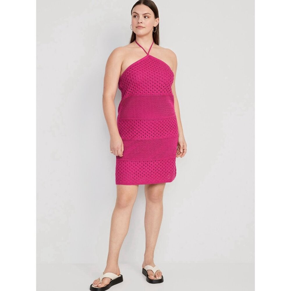 Old Navy Crochet Halter Mini Dress (Plus Size 2X) Dragonfruit Pink Summer Knit